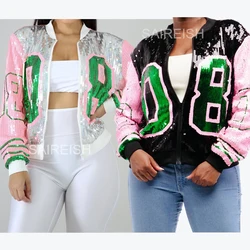 Sleeve Pink Green 08 Letter Casual Sequin Bling  Women Number 08 Sorority Sequin Jersey Sequin Jacket