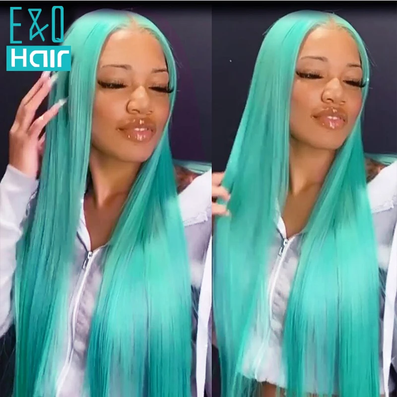 

Mint Green Colored Straight 13x4 Transparent Lace Front Wigs Brazilian Remy On Sale 100%Human Hair Wig For Women Pre Plucked