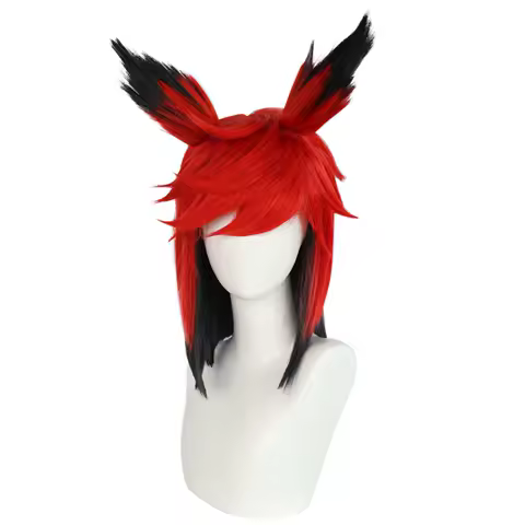 Synthetic 12Inch Short Wig Red&amp;Black Short Straight Alastor Cosplay Wig Anime Halloween Carnival Comic Exhibition Cosplay Wig