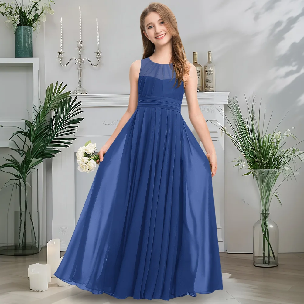 

Luxurious Scoop Neck Junior Bridesmaid Dress Midnight Navy Flower Girl Dress Floor-Length Chiffon With Cascading Ruffles Wedding
