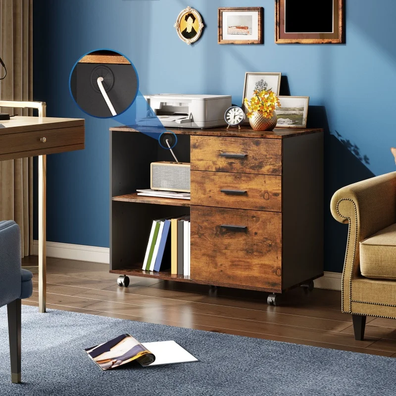 GALAXHERO Archivador móvil de madera con 3 cajones Archivador lateral con soporte para impresora Estantes de almacenamiento abiertos para oficina en casa