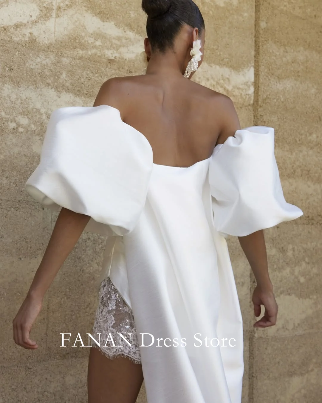 Fanan elegante sem alças mini vestido de casamento mangas puff personalizado arco volta ruched marfim vestido de festa de noiva vestidos de novia