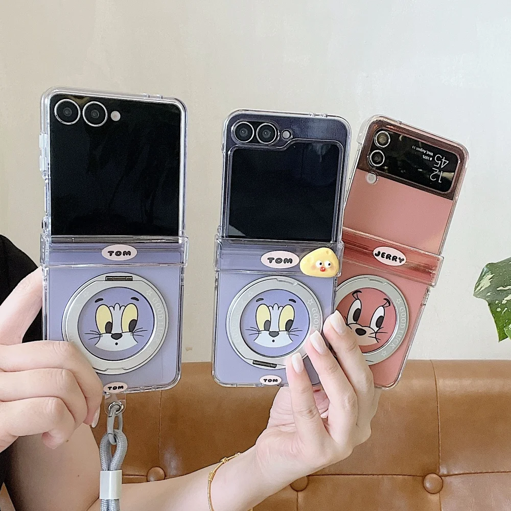 Cute Cartoon Character Print Phone Case For Galaxy Z Flip 8 Z Flip7 Z Flip 6 Z Flip 5 Z Flip 4 With Magnetic Stand Anti-Fall Set