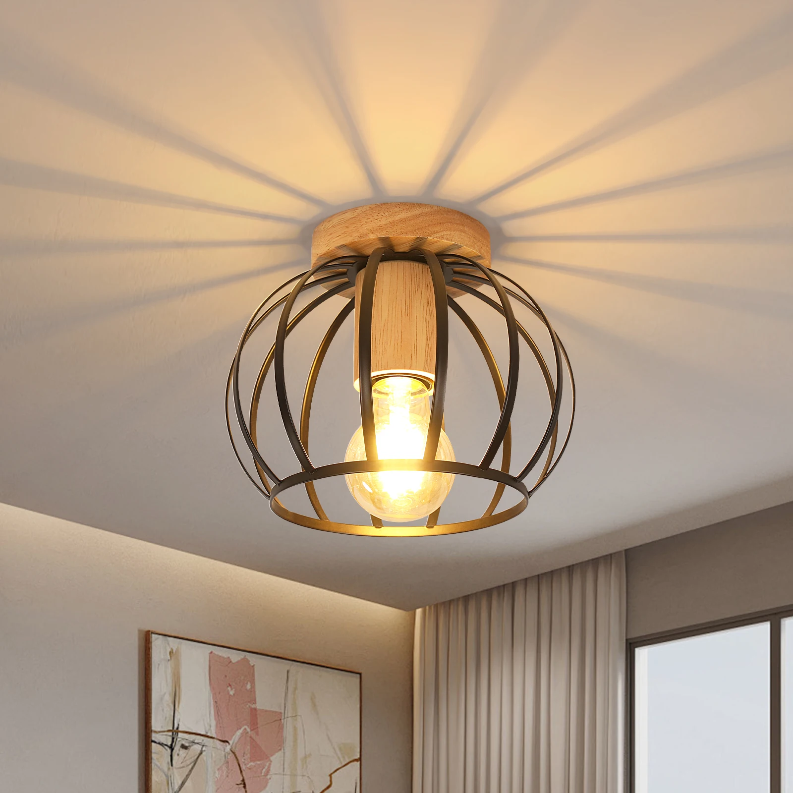 Plafonnier vintage, lampe de plafond rétro avec douille E27, abat-jour de plafond en cage métallique géométrique pour couloir, grenier, balcon, noir