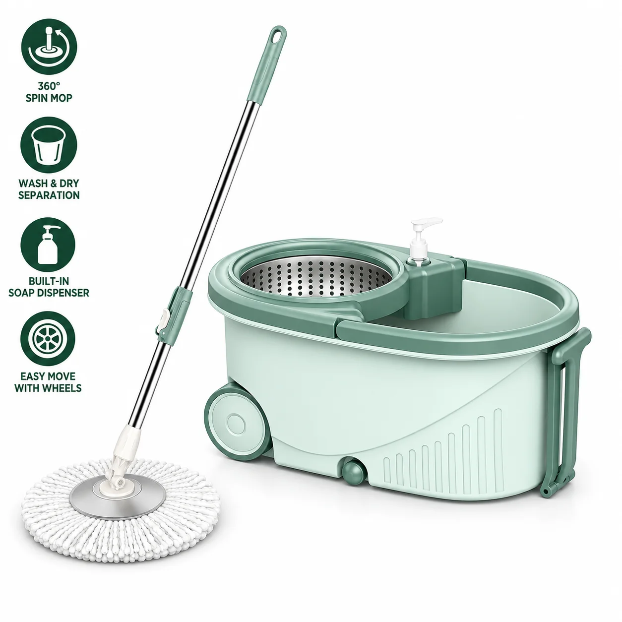 Spin Mop and Bucket System With Wheels, Microfiber Rotating Floor Mop Dual Wash Dry Basket, Stainless Steel Handle Rotating Mop for Hardwood Tile Home Floor Cleaning