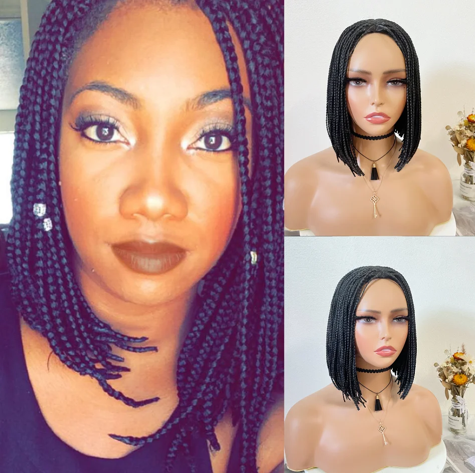 

WIGERA Synthetic Short Box Braided Bob Wig For 14Inch Black Women Three-strand Braids Wigs Natural Color Bob Hair Daily Use