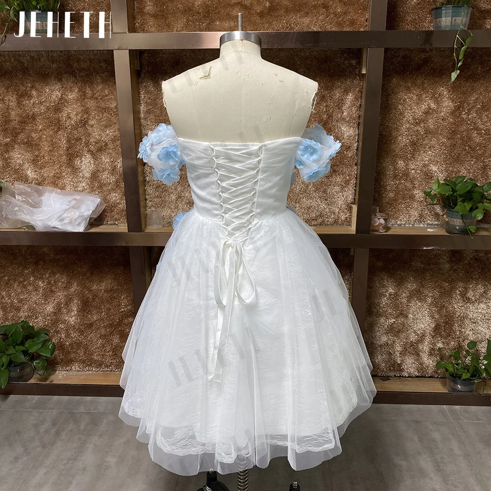 JEHETH Pastoral White Prom Dresses Floral 3D Party Off Shoulder Lace Homecoming Backless Evening Flowers Gown Sweetheart فساتين