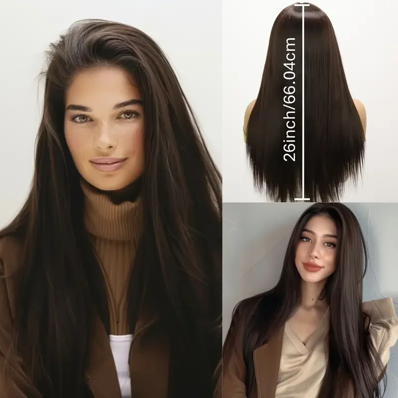 

Chocolate Brown 13x4 Lace Front Wig - Long Silky Straight Synthetic Hair, High Density 180%, Perfect for Daily Wear, Parties