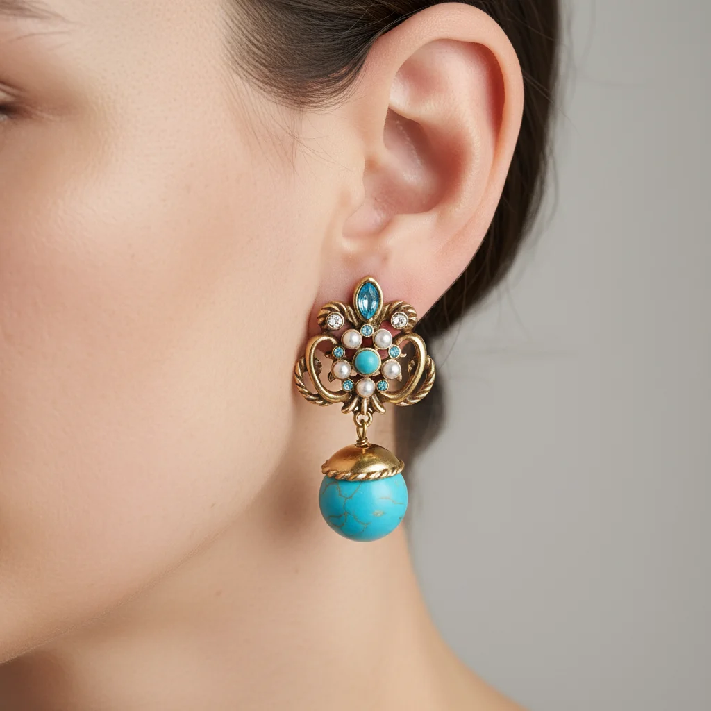 Vintage Goldfarbene Türkis-Tropfenohrringe für Frauen, eleganter Boho-Imitationsperlen-Ohrhänger, Hochzeitsfeier-Schmuckgeschenk