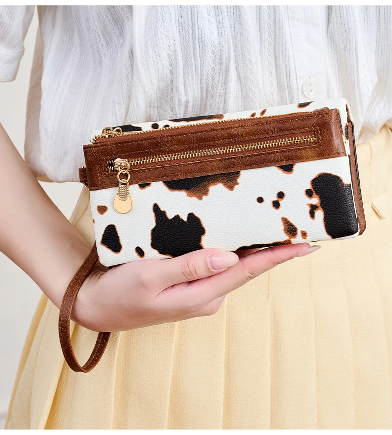 Vintage Damen-Geldbörse mit Leopardenmuster, Doppelreißverschluss, PU-Leder, lange Geldbörse, multifunktionale Kreditkarten-Clutch mit Handgelenkschlaufe – Detail 18