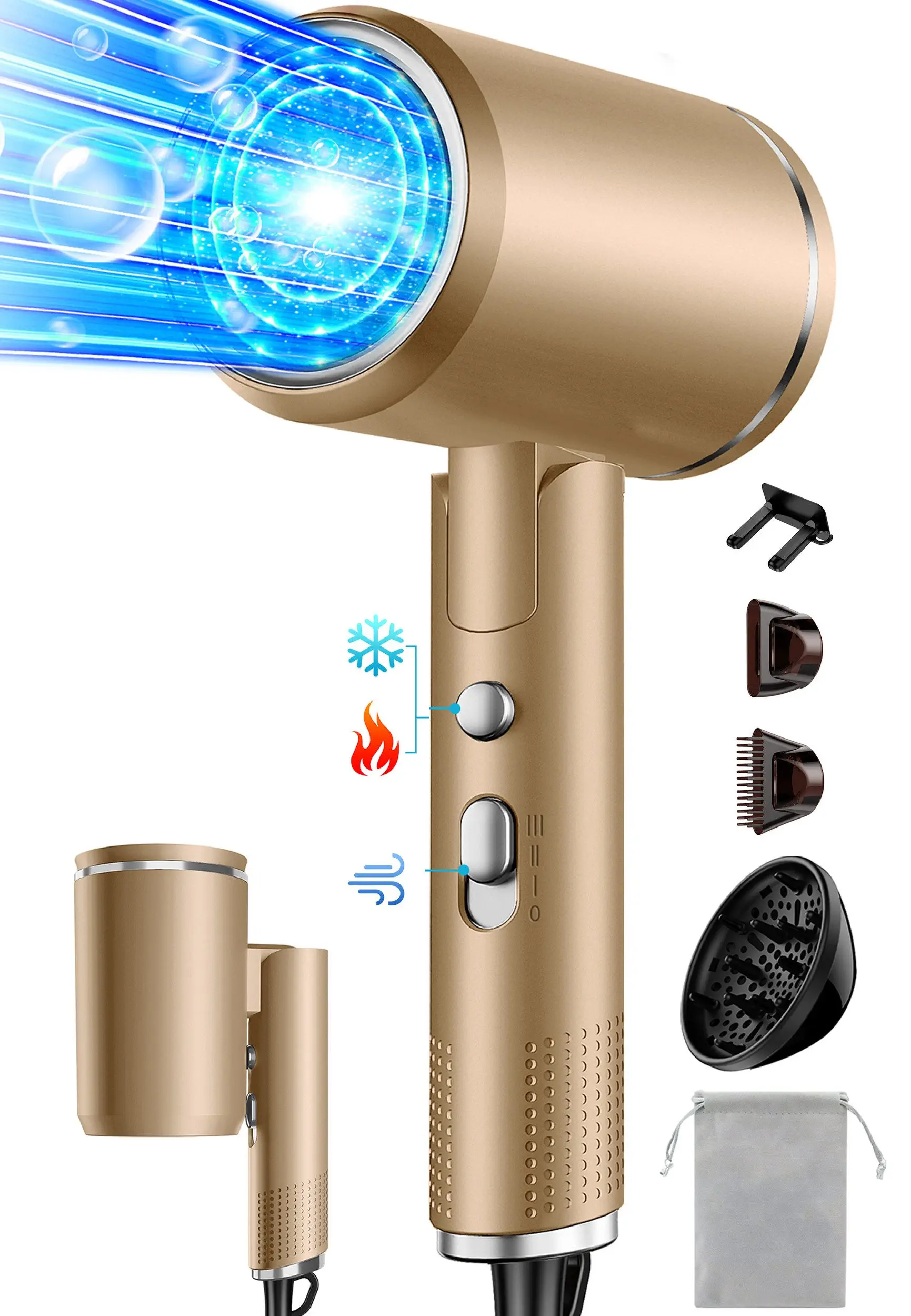 Ionische haardroger 2400W, opvouwbare reisföhn met 3 stylingmondstukken, 2 snelheidsstanden, compacte haardroger voor reizen, vakantie & dagelijks gebruik