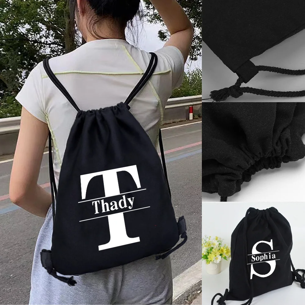 Custom Name Drawstring Backpack Double Shoulder Sports Gym Bag Personalized Initial Letter Bag Portable Outdoor Hiking Camping