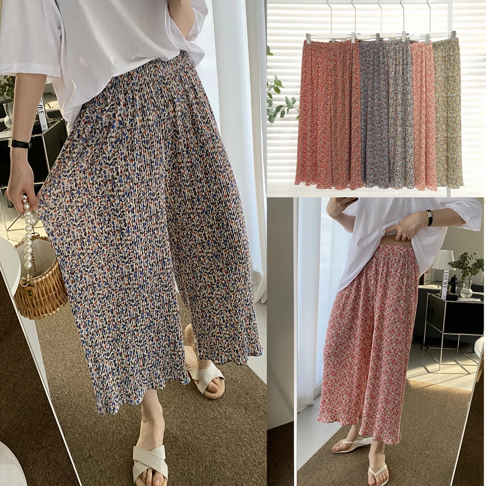Women Floral Fridge Pants' Summer ice-pleated body-baby pants Grandma rubber-banded flower pants