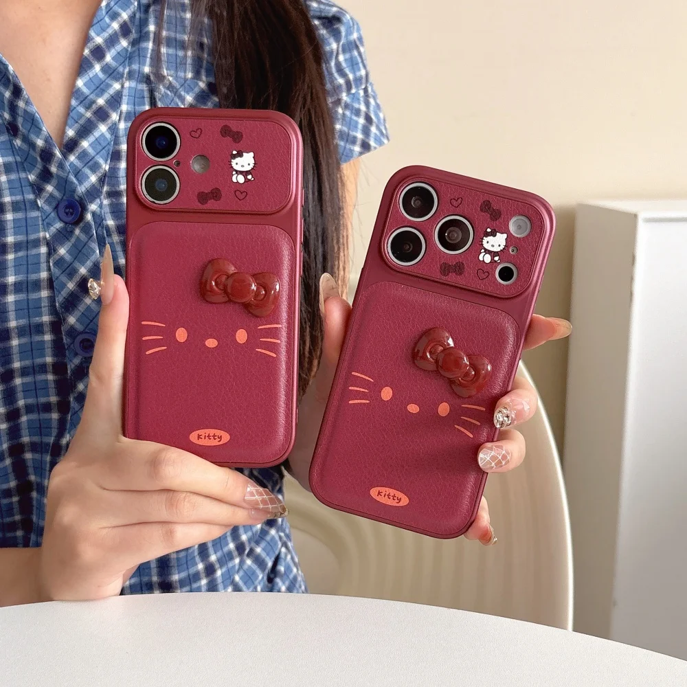 New Korean Ins Cute 3D Bow Cartoon Kitten Phone Case for iPhone 18 Pro 17 Max 15 16 17 18 Pro Fashion Retro Red Shockproof Cases