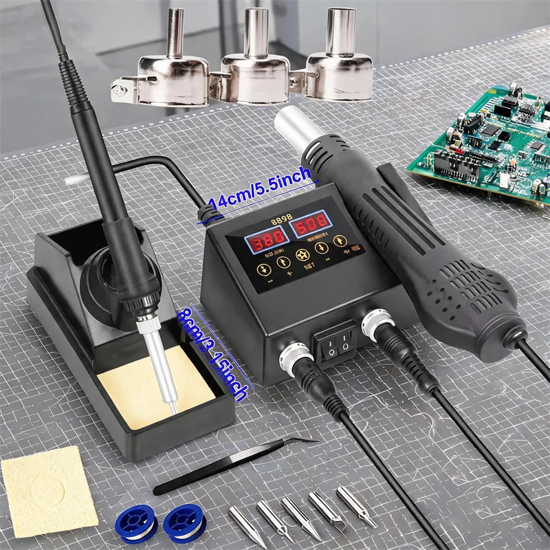 Station de soudage 2 en 1 750W avec écran LCD numérique, station de retravaillage pour réparation de téléphones portables, BGA, SMD, PCB, IC, outils de soudage 8898