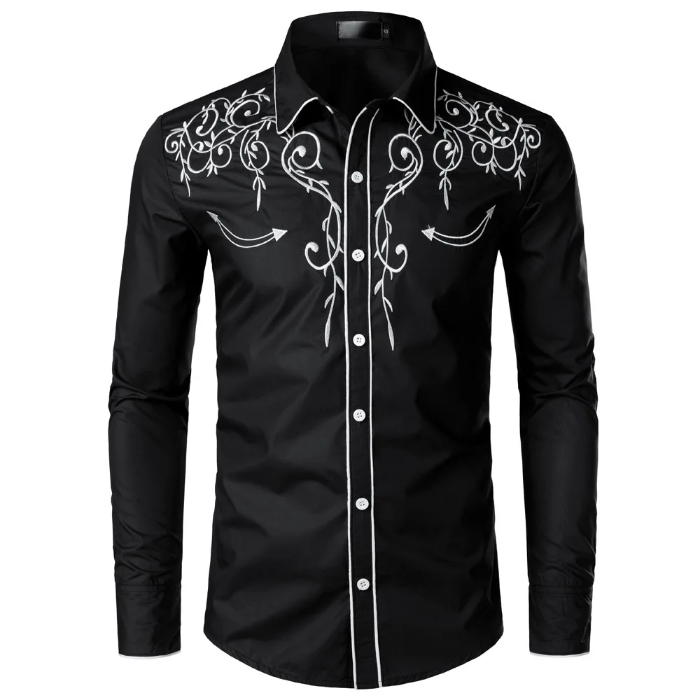 Fashion Embroidered Shirt American Western Style Shirt Western Denim Embroidered Solid color Embroidered Long-sleeved Shirt