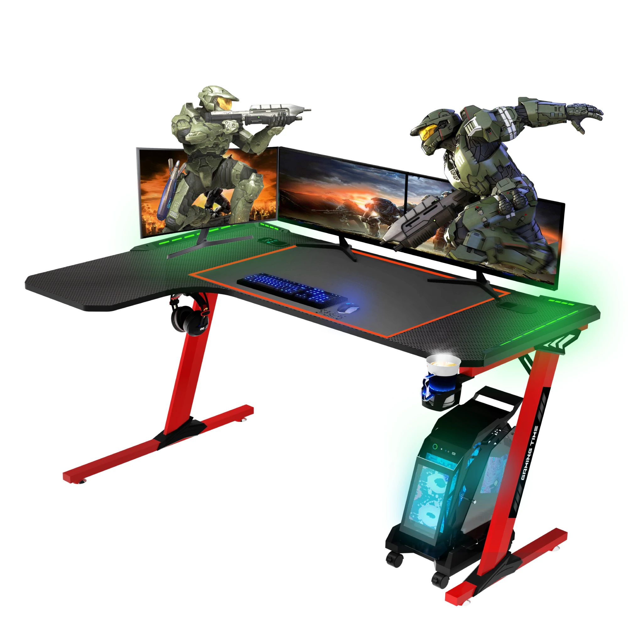 Gaming table, 140cm x 60cm, Gaming Desk, large table for computer console PS5, Xbox Series, steel legs, RGB LED, Mat Base, corner Gaming table