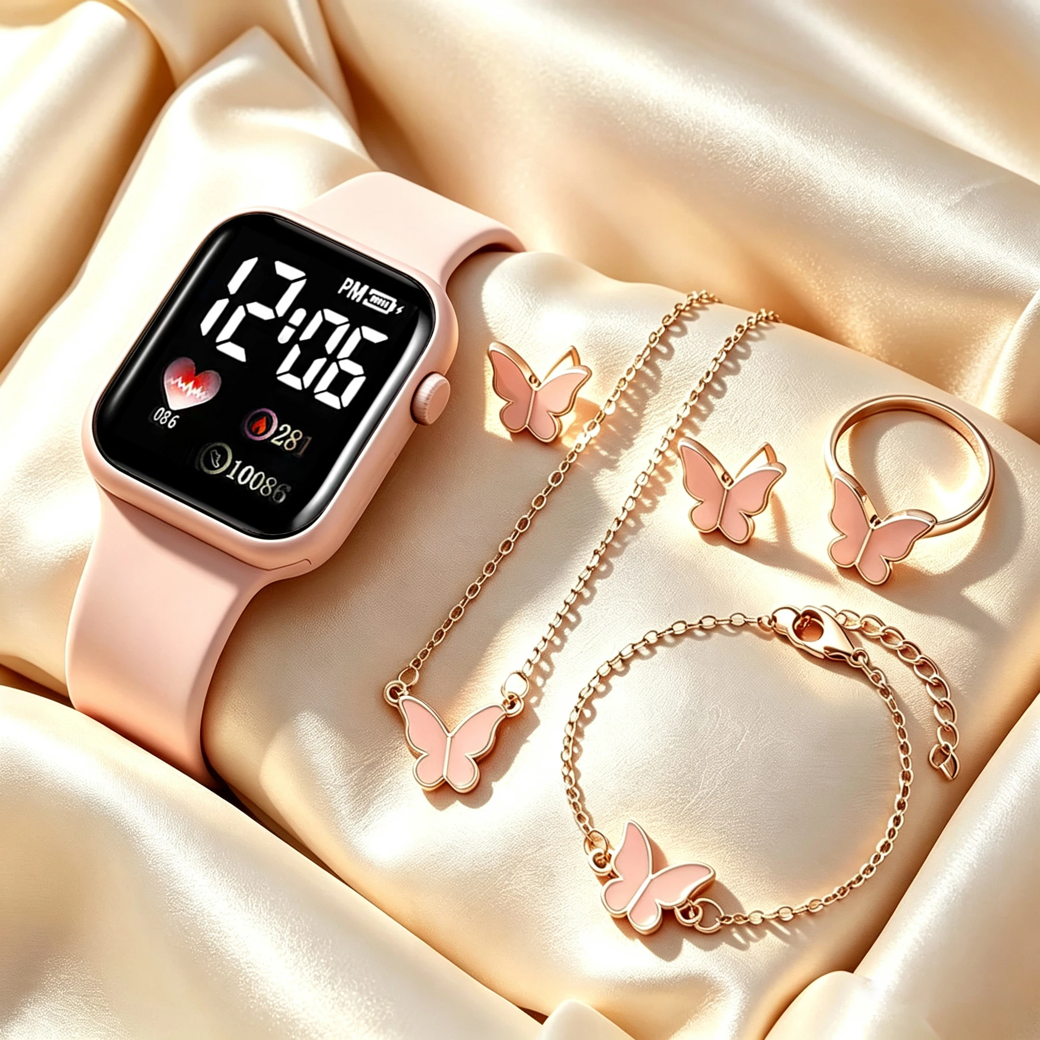 6-Piece Set of Children's Electronic Watches with Pink Butterfly Series Accessories, Luminous Led Time Display, No Smart Functions, Exquisite Birthday Gift, Delicate and Cute, for Girls