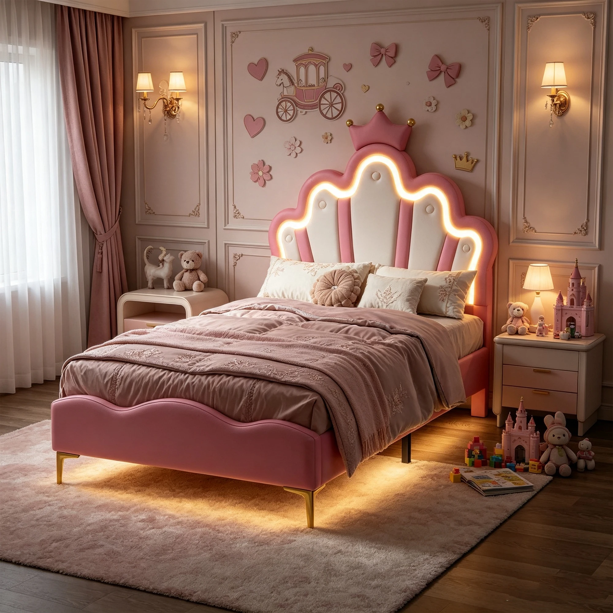 Letto per bambini Anajqaqia, 90x200 cm, letto imbottito in stile principessa con testiera imbottita, letto per bambine, letto singolo, struttura letto con rete a doghe, letto per ragazzi, rivestimento