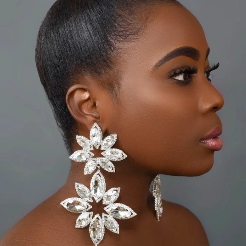 Pageant Statement Jewelry Silver Gold Color Long Big AB Crystal Rhinestone Flower Dangle Chandelier Earrings for Women