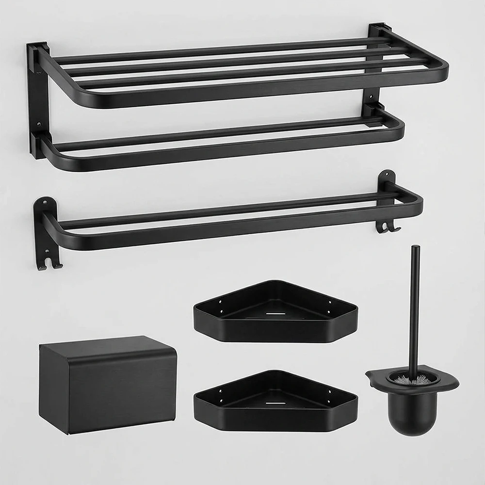 Black Bathroom Hardware Set Wall Mounted Foldable Towel Rack Corner Shelf Tissue Paper Holder Toilet Brush Holder Accessories