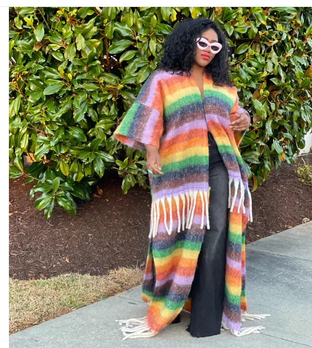 

African Popular Women Winter Warm Open Side Duster Coat Oversize Soft Colorful Fuzzy Long Cardigans Tassel Kaftan CLothing