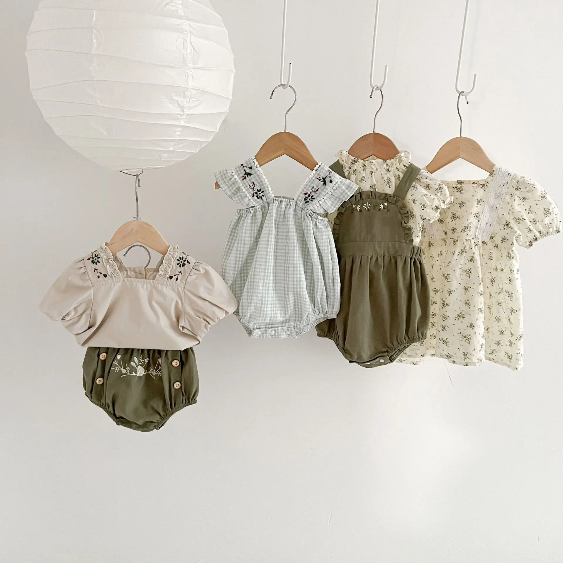 Sage Floral Embroidery Ruffle Linen Girl Bubble Romper Kids Jumpsuit Suspender Body Suit Boho Baby Overall Outfit