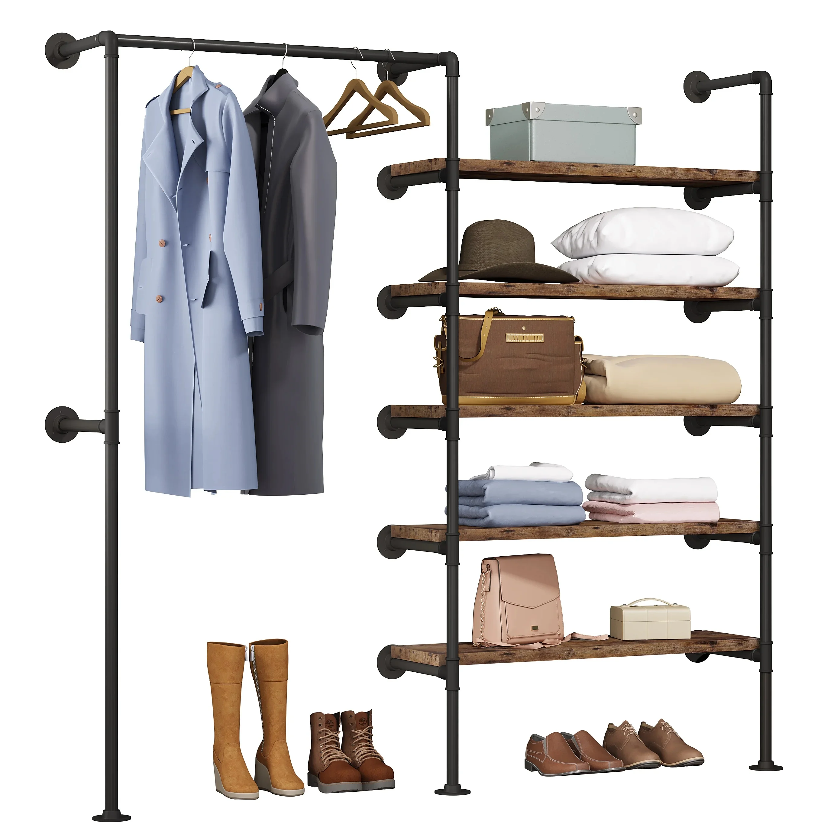 Garderobe Vintage Industriële Kapstok Kledingrek Stalen Buizen MDF Wandmontage Kledingwinkel Display Opbergplank - afbeelding 2