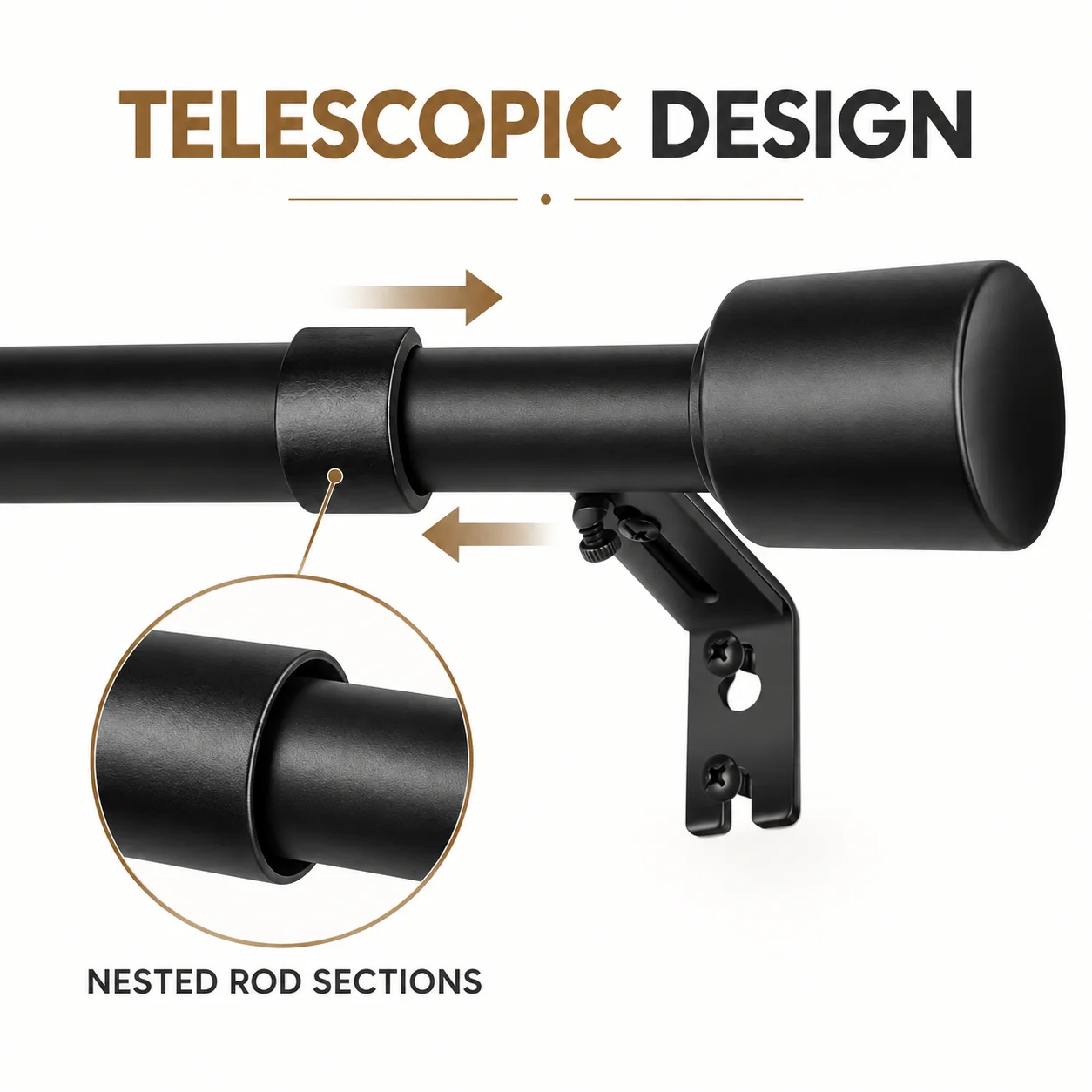 Black Telescopic Curtain Rod Cylinder Finials Matte Black Finish Wall Brackets Adjustable for Living Room Bedroom Window Decor