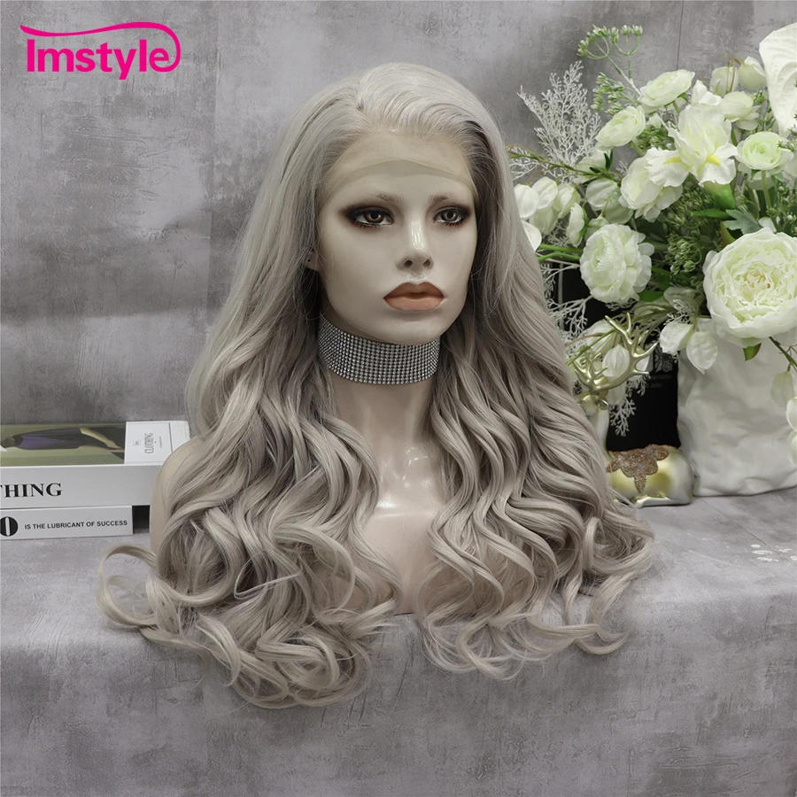 Imstyle Grey Wig Synthetic Lace Front Wig Long Wavy Wigs For Women Heat Resistant Fiber Natural Hairline Cosplay Wigs