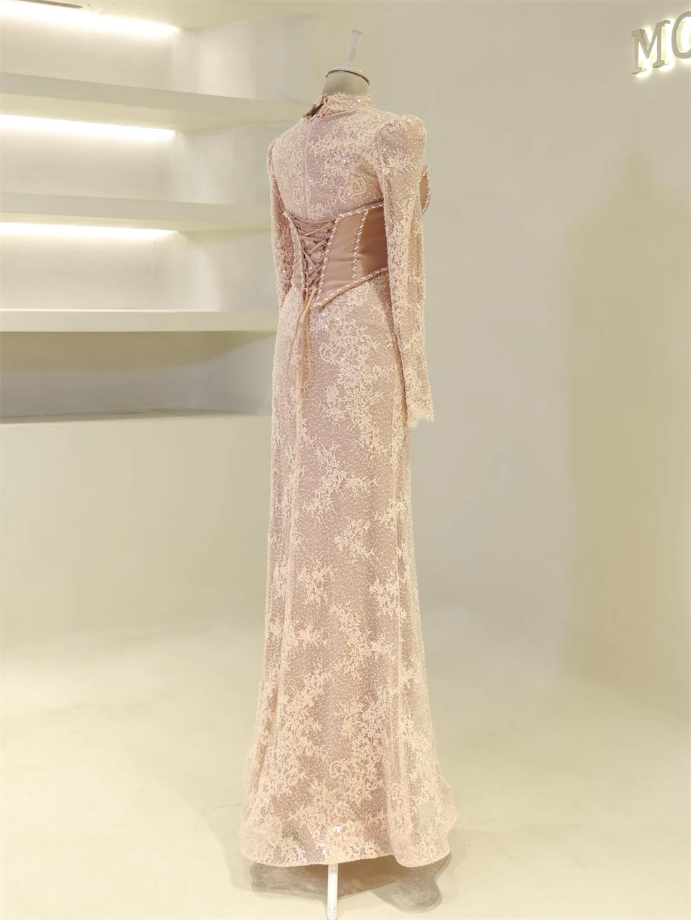 Sansa Corsetto personalizzato Sirena Collo alto Abito da ballo Manica lunga Pizzo con paillettes Abiti da sera Lunghezza pavimento Serata formale