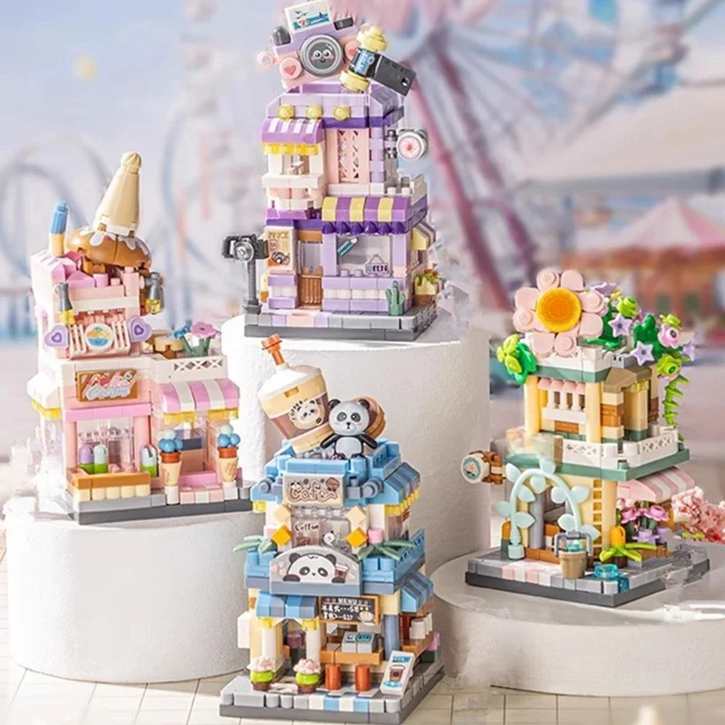 NIEUWE Panda Huisdier Koffie Ijs Bloemenwinkel Winkel Street View Voedsel Huis Bouwstenen Kit Meisjes Bakstenen Model Kinderen Speelgoed Kinderen - afbeelding 2
