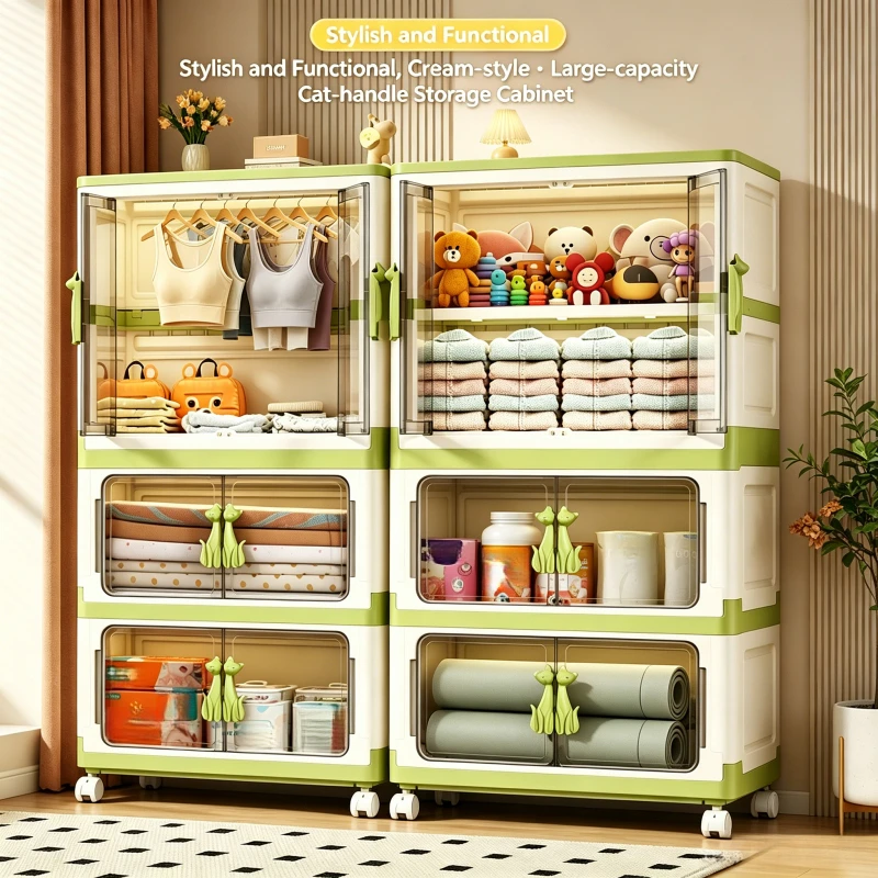 Foldable and stackable clothes storage wardrobe with transparent double mesh doors and cute cat-shaped handles, foldable plastic closet organizer with hanging rod and 360° lockable swivel wheels, large capacity rolling storage cabinet that assembles witho