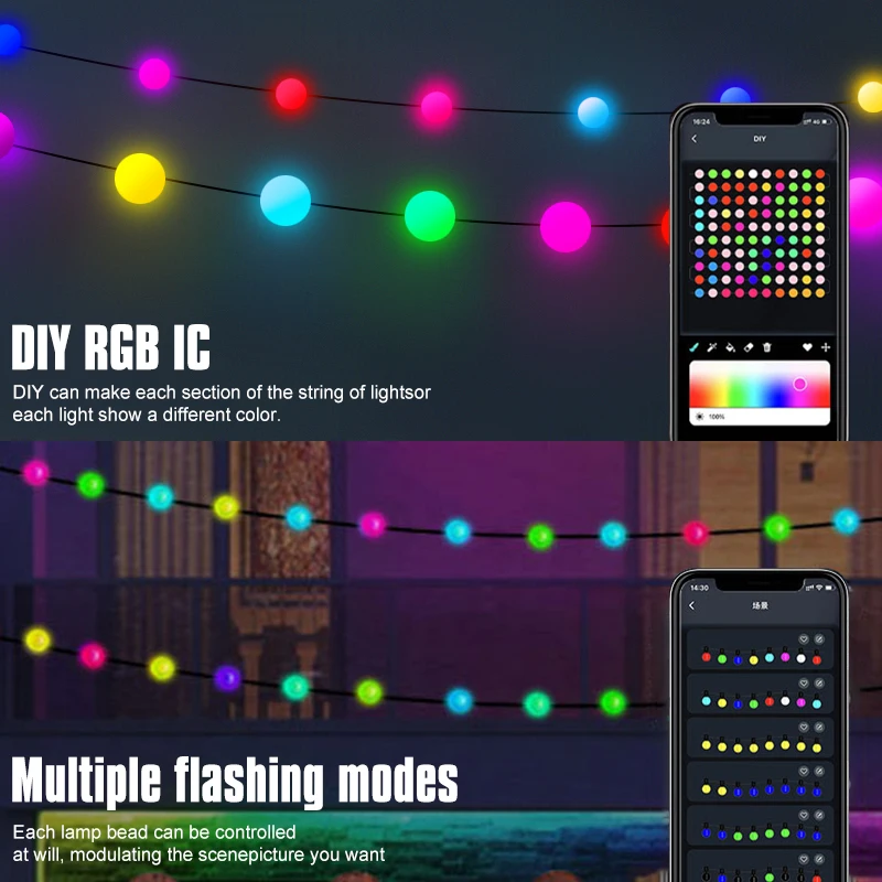 RGB IC Árvore de Natal Fada String Luz, Guirlanda de bola LED, Bluetooth, Multi-Color, impermeável, Lâmpada ao ar livre, Natal, Decoração de festa de casamento