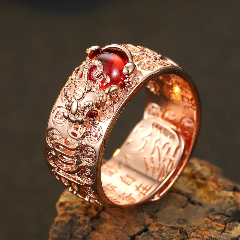 Domineering China Feng Shui Brass Pixiu Ring 2022 Amulet Wealth Good Luck Jewelry Inlaid Red Beads Copper Coin Adjustable Ring