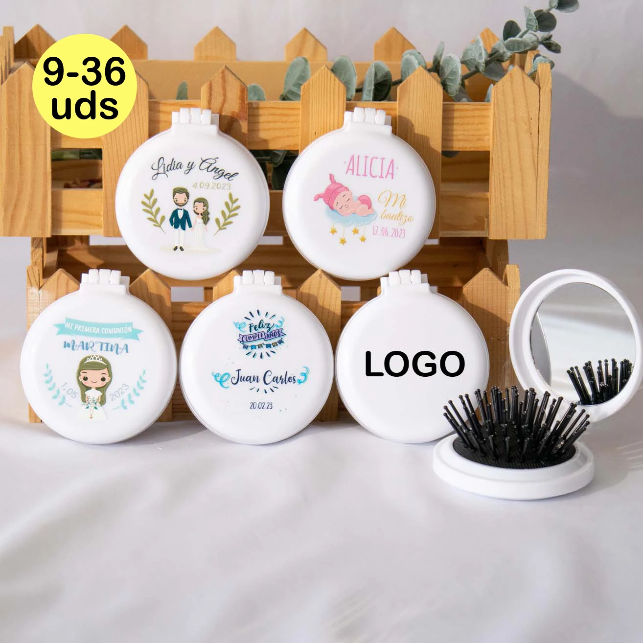 9-36 pcs/lot Custom Mirror Brush Mirror Brush White Recording organza Bag Personalized Guest Details Wedding Details Christening Memories Gift Store