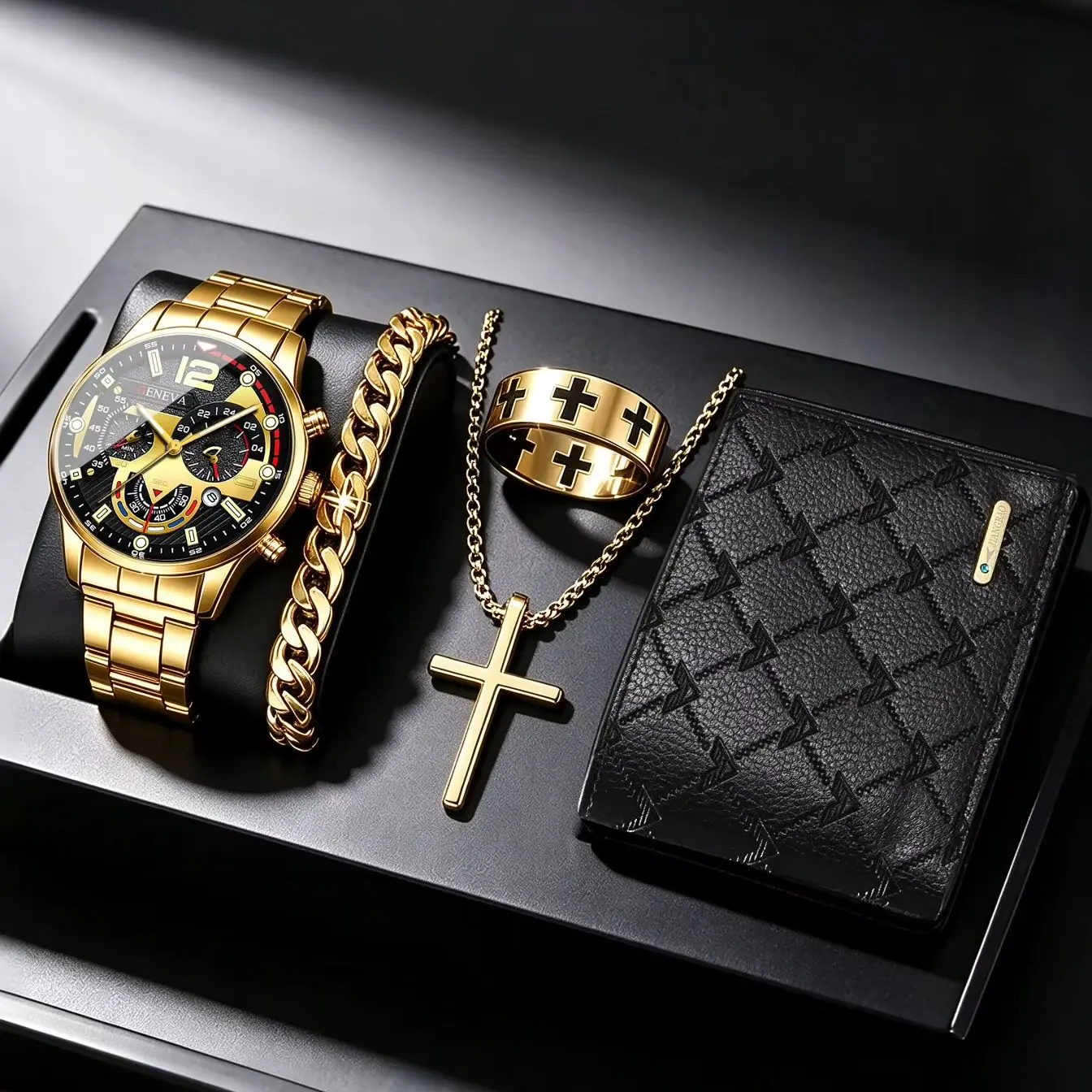 5-Piece Set of Trendy Casual Men's Quartz Watches with Textured Accessories and Wallet Set, with Calendar, in a Sporty Casual Style, Suitable for Multiple Occasions Such as Daily Work, Business Trips, Etc