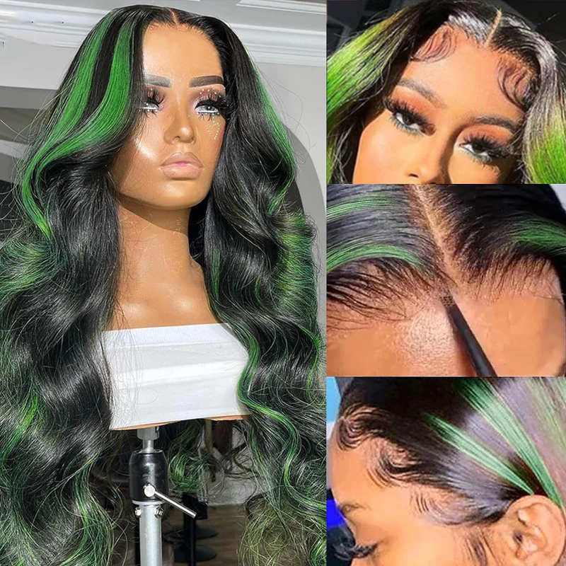 Ombre Green Lace Wigs Body Wave Highlight Lace Front Wig Pre Plucked Skunk Stripe Green 13x4 HD Lace Front Wigs For Black Women