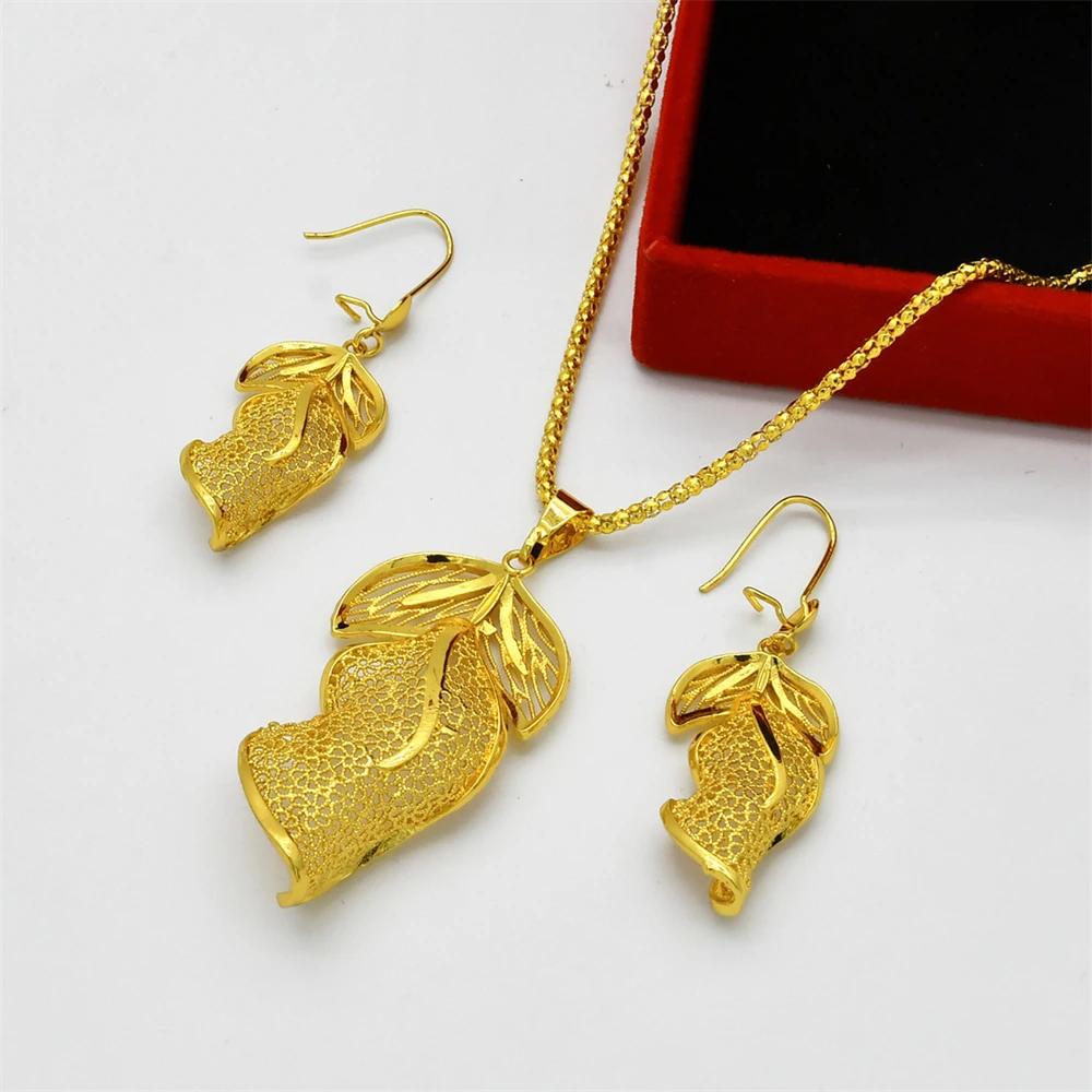 

ESALE Gold Color Jewelry Sets For Women Bridal Flower Pendant Necklace Earrings Dubai Nigeria Wedding Jewelry