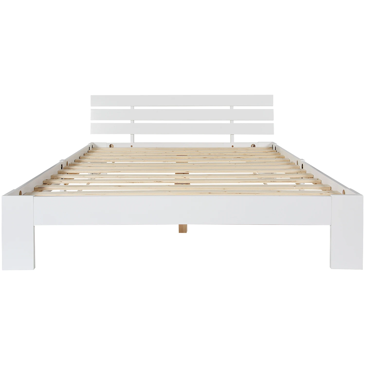 Doppelbettgestell 140x200cm mit Holzlattenrost und Kopfteil, Massivholz-Kiefernplattformbett mit Holzlatten, kein Boxspringbett erforderlich, Weiß, für Schlafzimmer, Gästezimmer, Schlafzimmermöbel