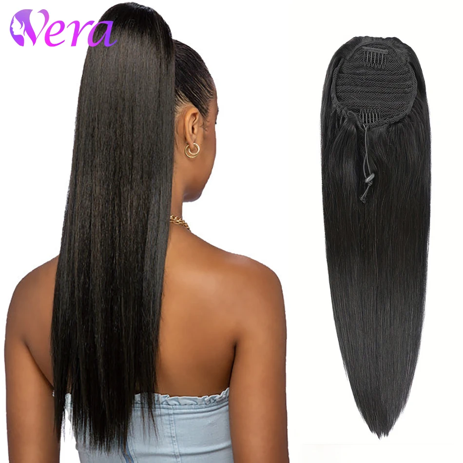 Extensiones de cabello humano liso con cordón de cola de caballo con Clip de 10 "-26" envoltura de cabello brasileño alrededor de cola de caballo para mujeres