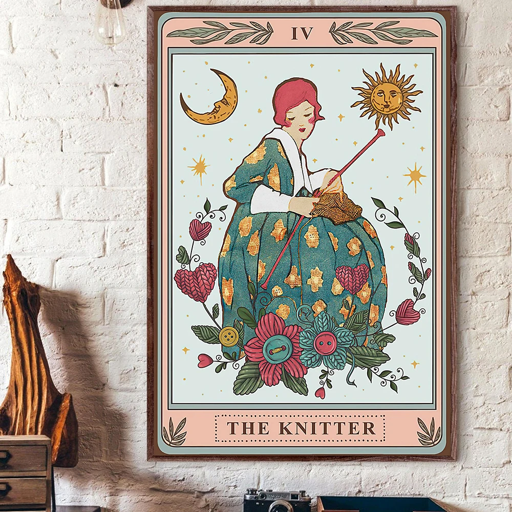 The Knitter Tarot Card Poster Mythology Decor Wall Art Pictures  Canvas Painting Sun Moon Flower Yarn Tarot Living Room Decor