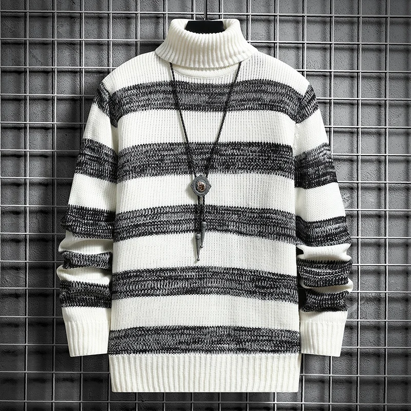 

New Turtleneck Sweater Pullover Men Fashion Striped Knitted Slim Fit Knittwear Sweater Mens Casual Sweaters Winter Pullovers