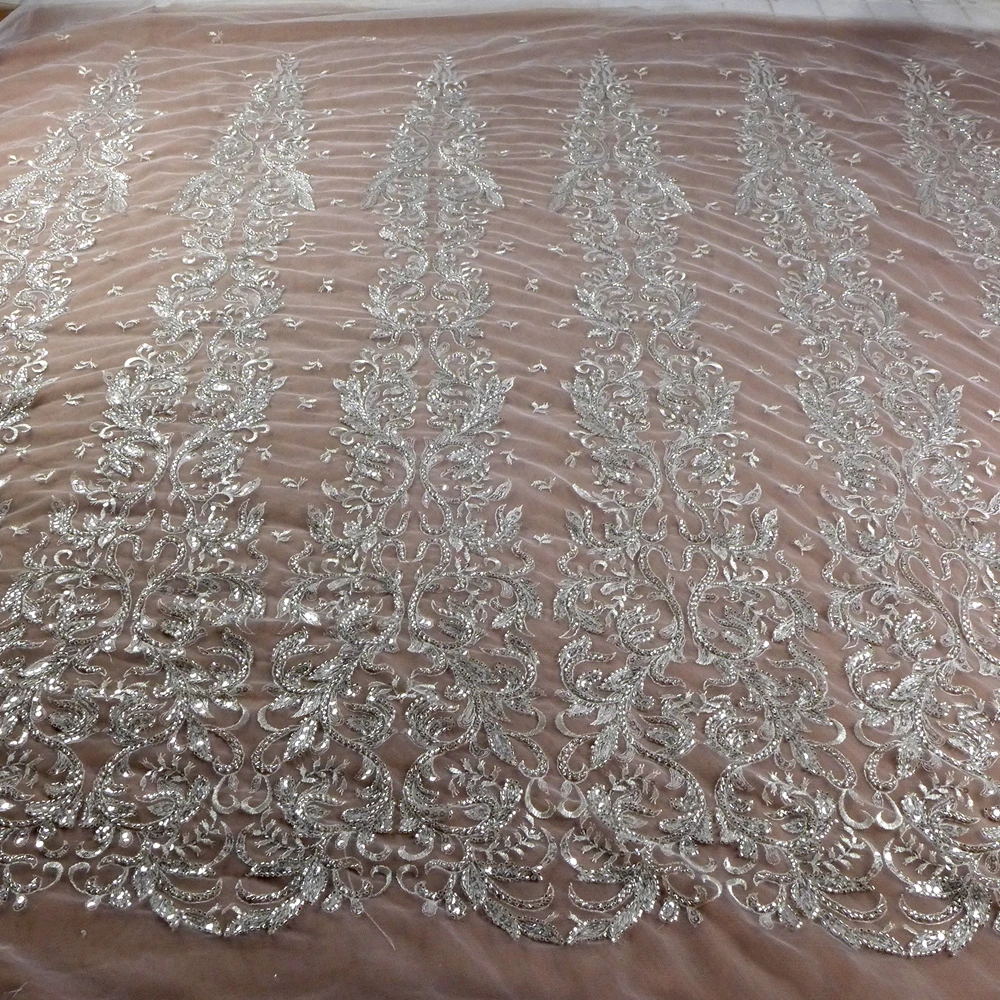 

HelluyerDC Silver on ivory tull beading lace fabric,one side patterns lace for fashion,wedding,evening,dance gown by the yard