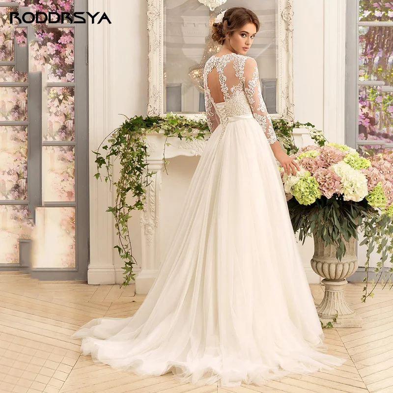 

RODDRSYA Illusion Lace Back Wedding Dresses O-Neck Applique Vestidos De Noiva Mariage Bridal Gowns For Women Custom Made Civil