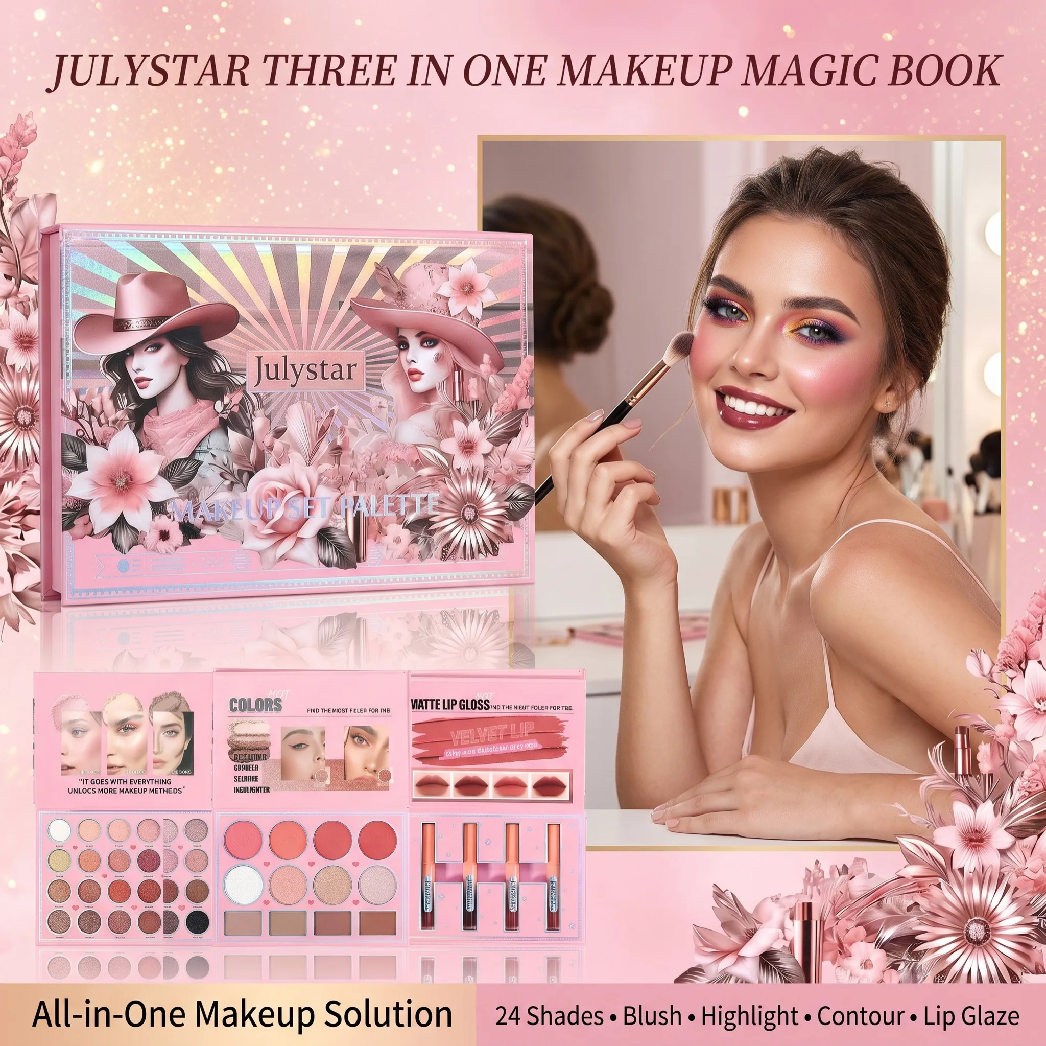

Three in One Makeup Magic Book 24 Color Eye Shadow Plate Powder Blusher Highlight Face Repair Lip Glaze Integrated Makeup Plate