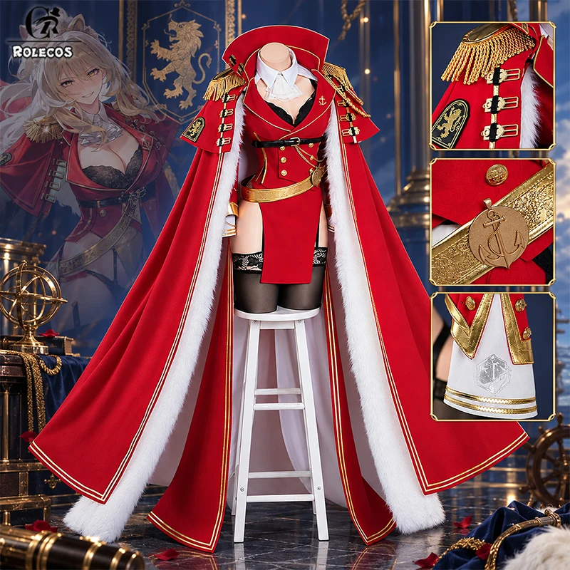 ROLECOS, disfraz de cosplay de Azur Lane, personaje UR Lion: traje de estilo naval rojo con capa, ideal para fiestas de carnaval, Halloween y eventos de disfraces.