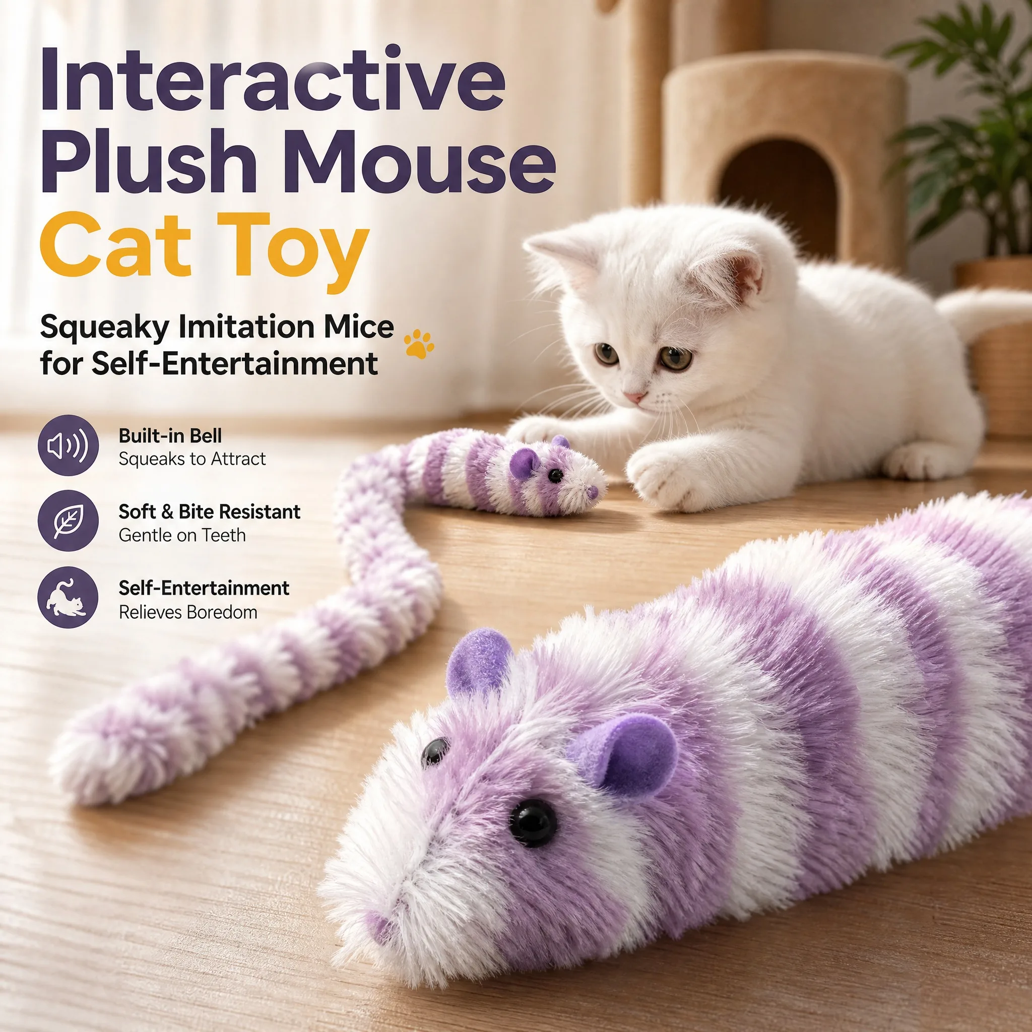 Interaktives Plüsch-Mäusespielzeug für Katzen, quietschend, imitiert Mäuse, bissfest, Kätzchenspielzeug, Selbstunterhaltungsspiel, Katzenspielzeug-Zubehör