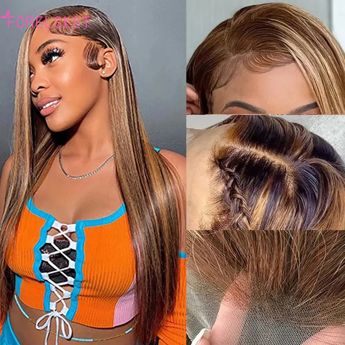 Osso Straight Lace Front Wig para mulheres, perucas de cabelo humano, fechamento de renda transparente, pré arrancado, barato, P4 27 Highlight, 13x4