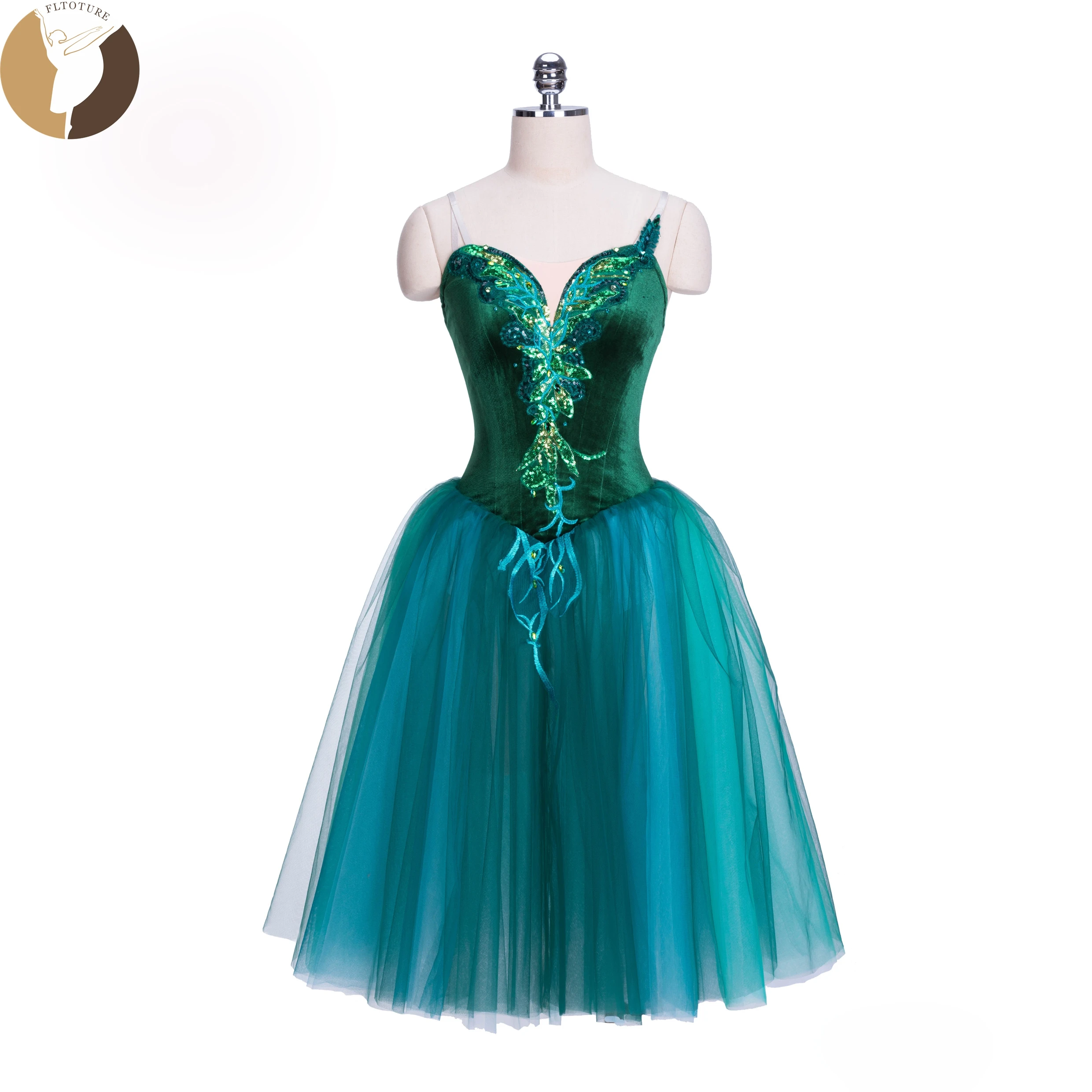 

FLTOTURE Girl Professional Deep Green Velvet Bodice 4 Layers Soft Tulle Romantic Length Tutu Skirt Balanchine's Ballet Emeralds